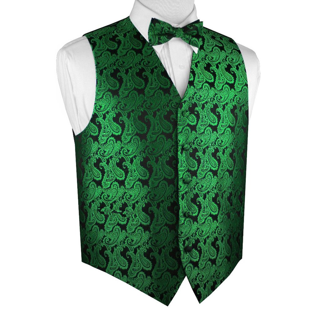 Men's Formal Wedding Prom Homecoming Tuxedo Vest Bow-Tie Hankie - Green Paisley